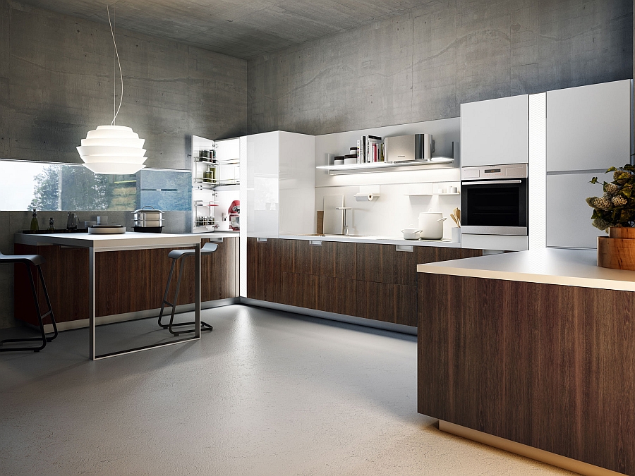 Smart Italian kitchen in white with wooden cabinets