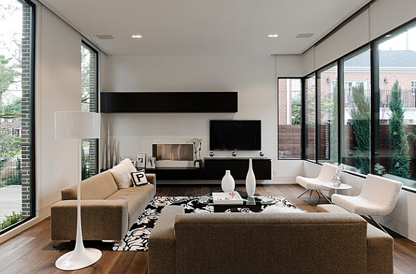 Smart combination of white decor with floating black shelves