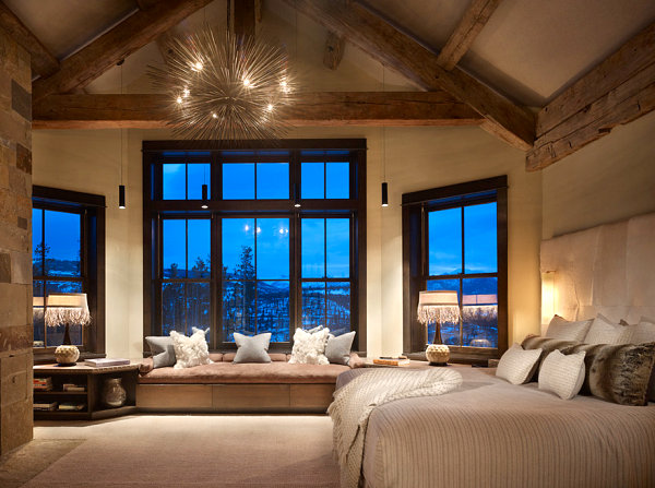 Spiky chandelier in a rustic bedroom