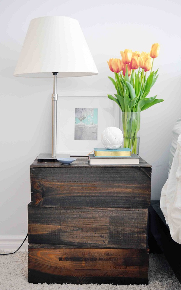 Stained wine box nightstand DIY