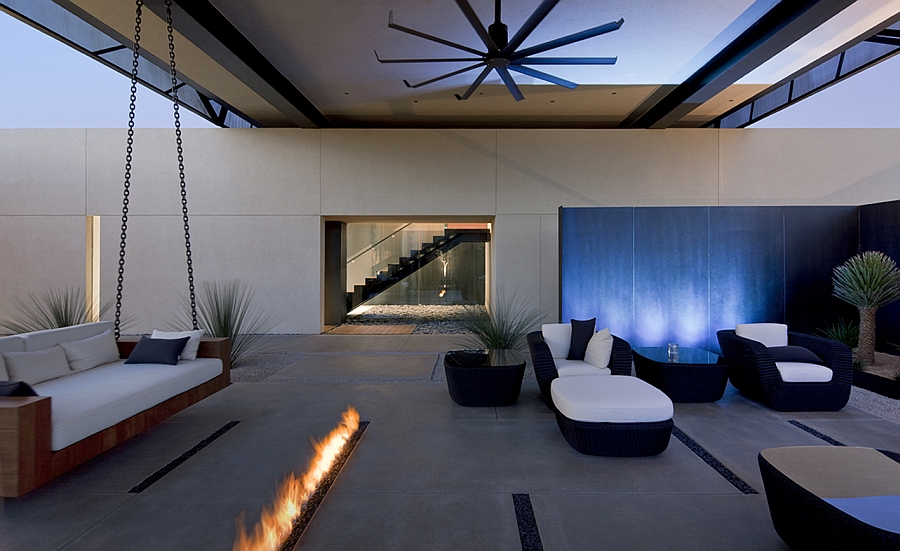 Stunning, sleek fireplace and outdoor patio