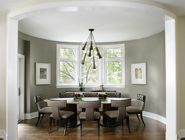 Stylish dining room in trendy grey