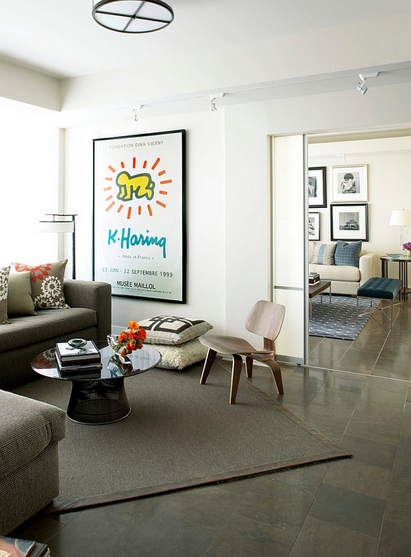 The placement of the rug seems to enhance the appeal of this eclectic space