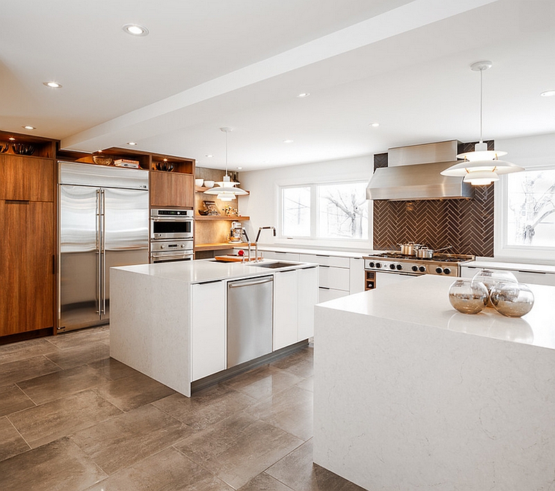 Ultra-modern kitchen with a viusally distinct herringbone backsplash