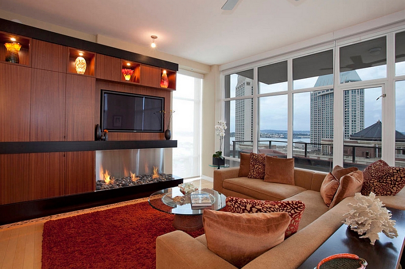 Warmth of the EcoSmart fireplace fills the fabulous living space