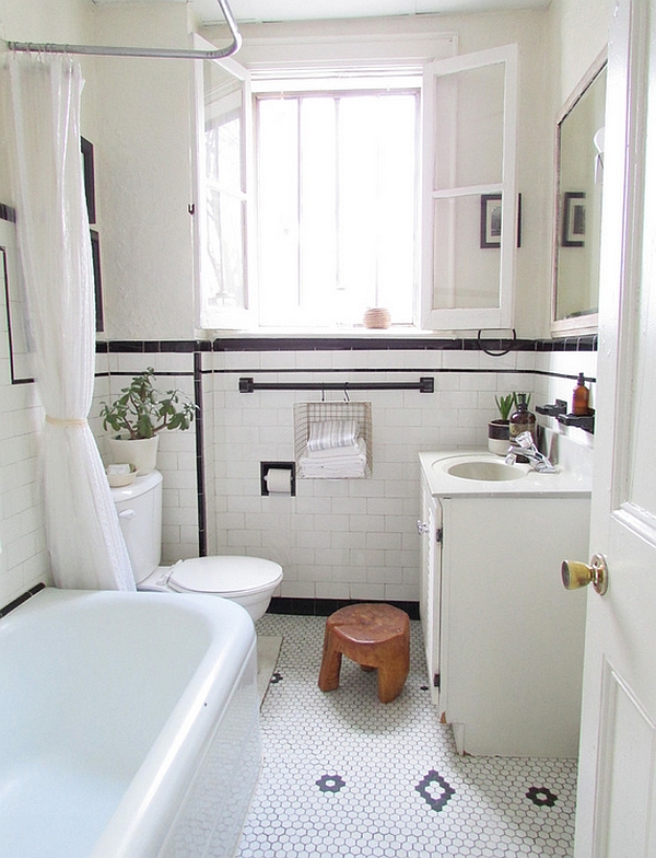 White dominates the color scheme in this small bathroom