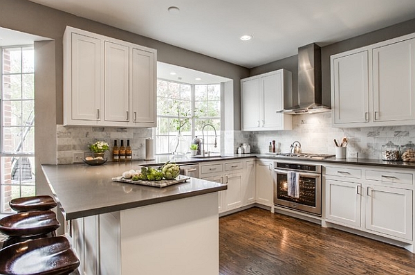 White is a popular color choice for the kitchen shelves