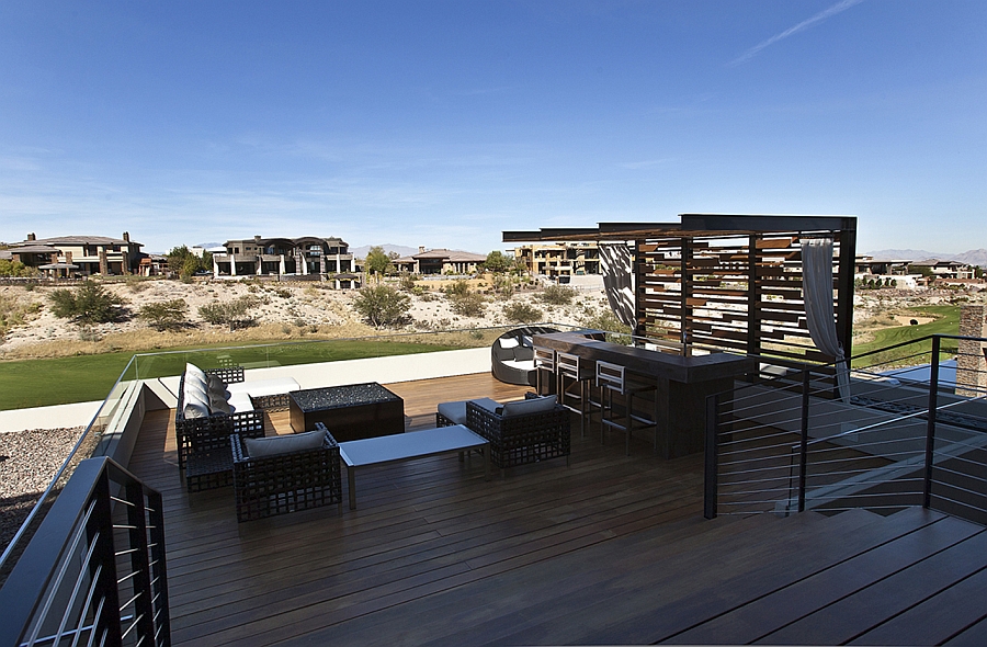 Wooden deck area overlooking a zen garden