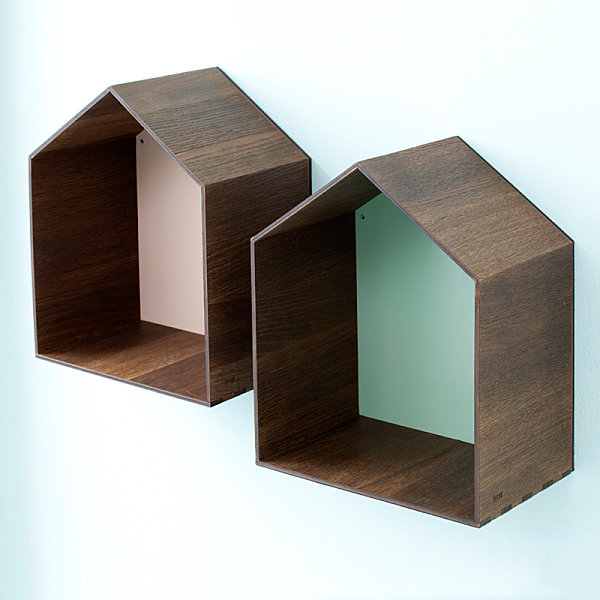 Wooden shelving in pastel hues