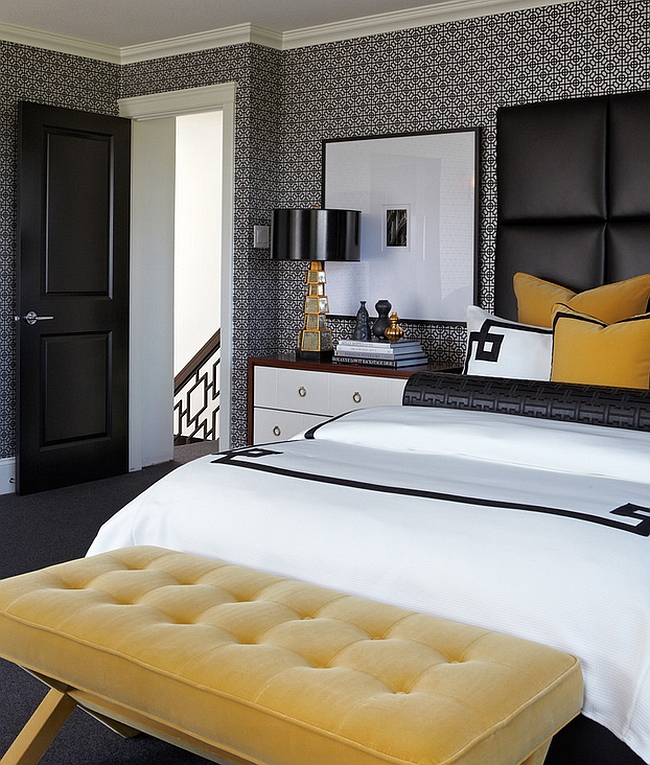 bold black and white bedrooms with bright pops of color