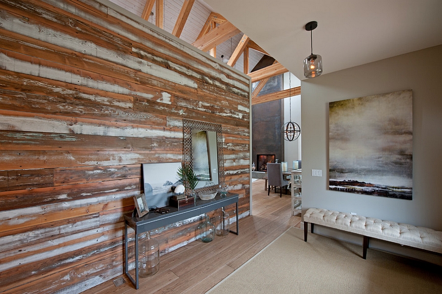 Accent wall with salvaged wood in the living room