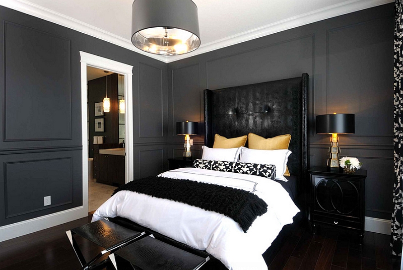 Accents in golden hue lend sophistication to this chic bedroom