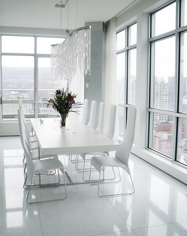 All-white minimal dining room sizzles with glam