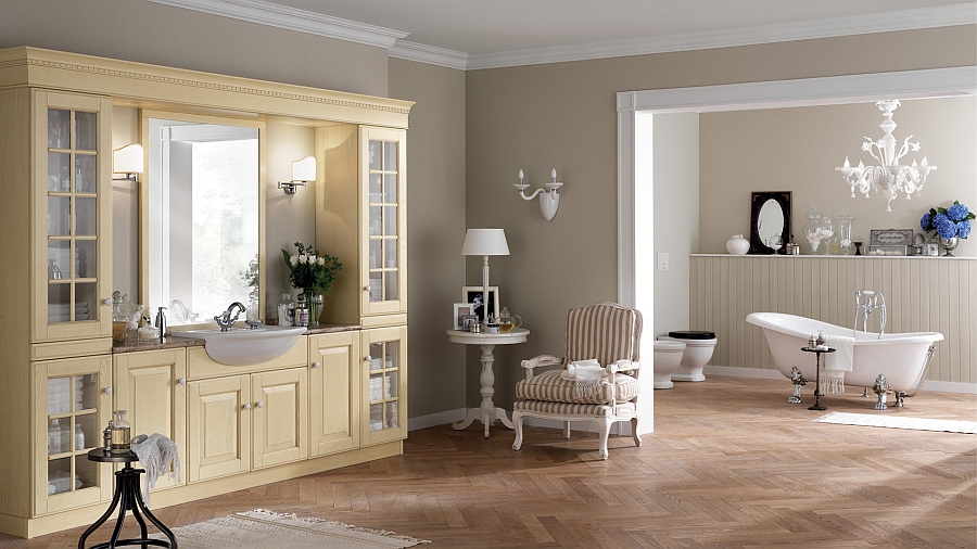 Antique cream oak vanity with semi-inset washbasin