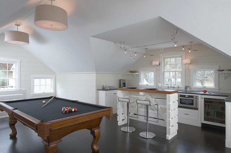 Attic game room with custom designed bar