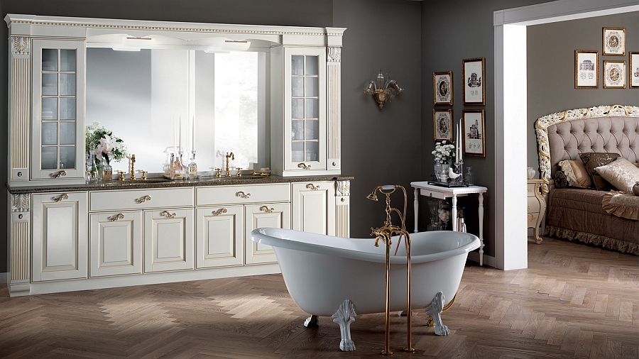 Bathroom with white matt lacquered finish and gold decoration