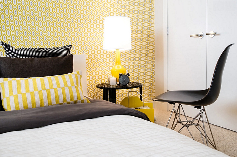 Bedroom in black, white and yellow with lovely accent lamp