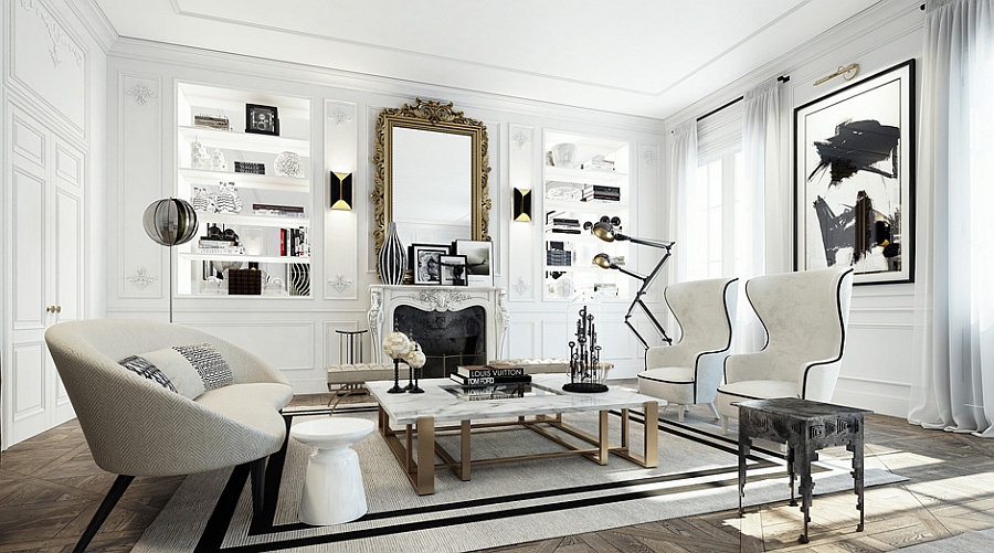 Black and white living space with golden accents
