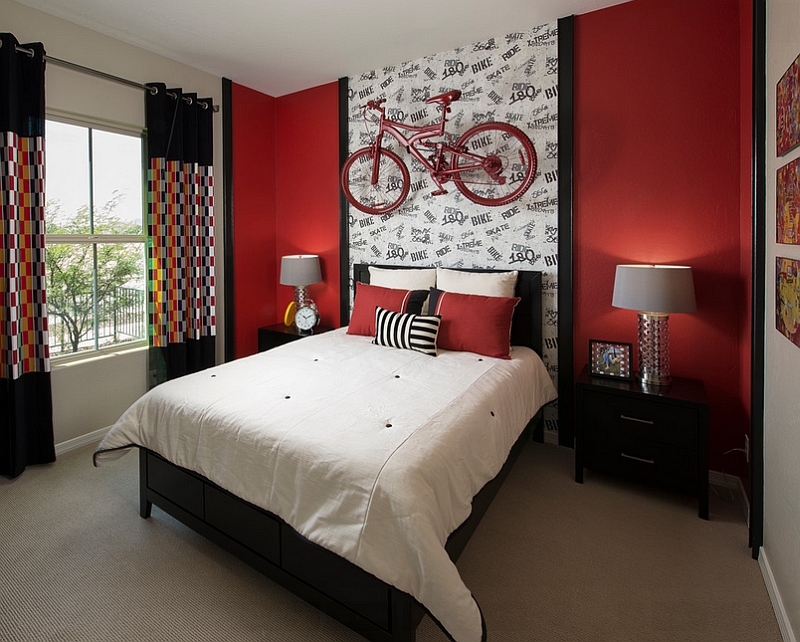 Black takes a backseat to red in this contemporary bedroom