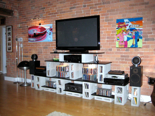 Cinder block and melamine media console