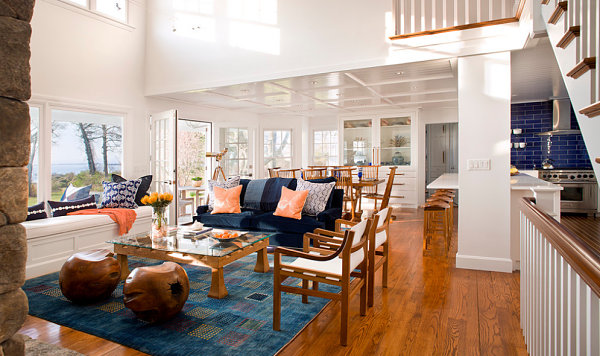 Coastal living room with blue and peach decor