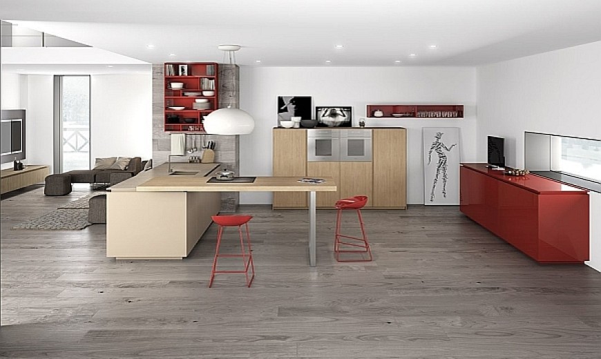 Dynamic Minimalist Kitchen Sizzles With Flaming Red Accents