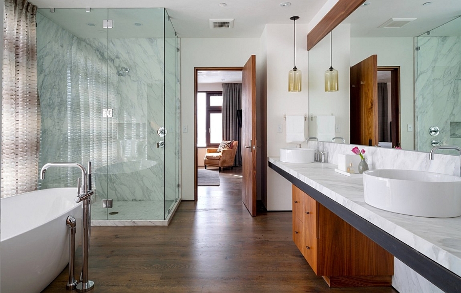 Contemporary bathroom with glass shower area