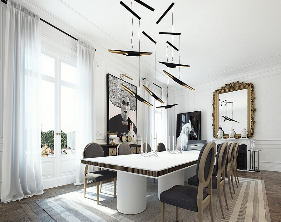 Creative lighting above the glitzy dining table