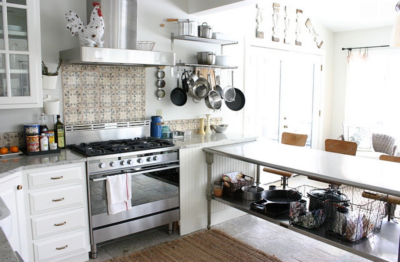 Eclectic kitchen with stainless steel work table