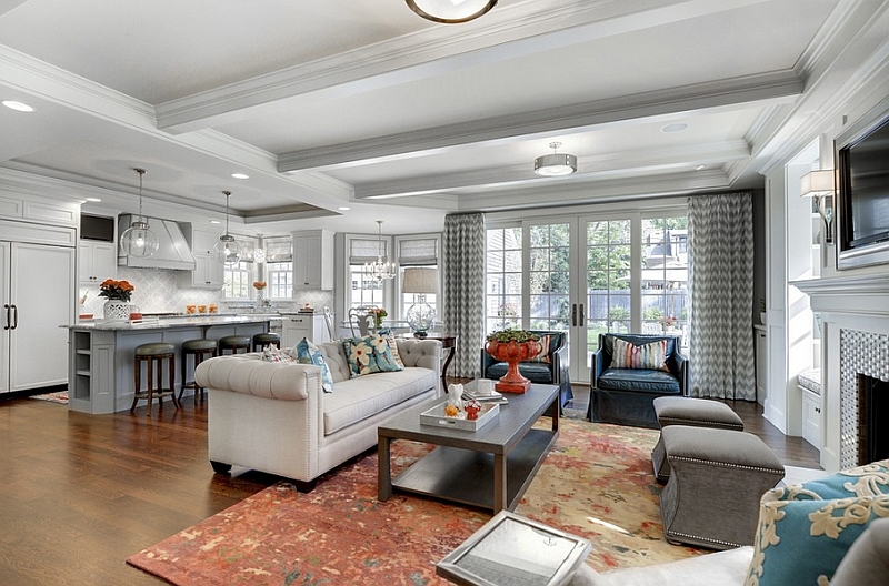 Elegant living room in light blue and grey