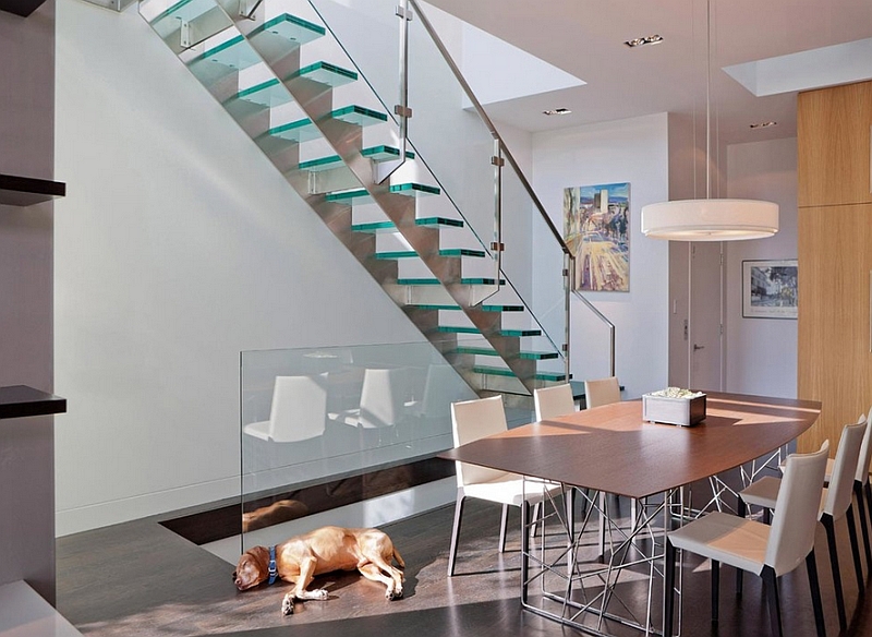 Exclusive glass stairs becomes the focal point in this modern dining room