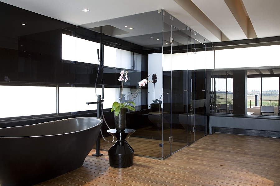 Expansive bathroom in black and white