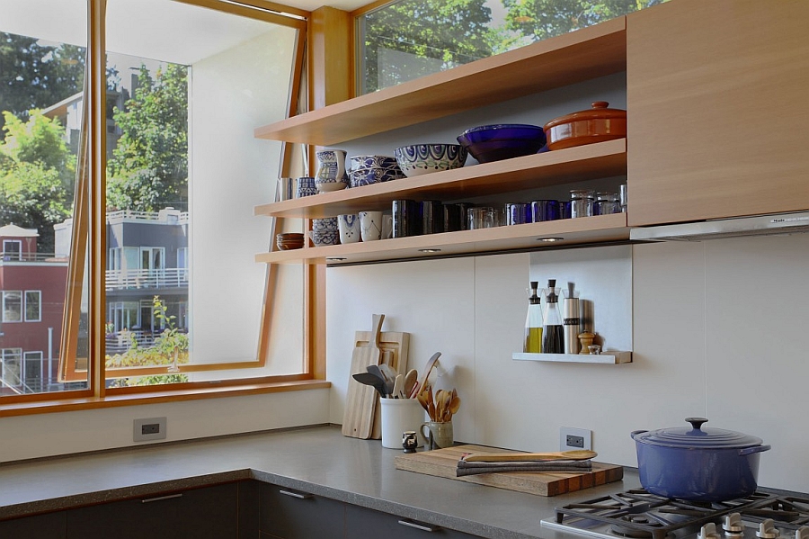 Floating shelves and kitchenware used to create a gorgeous kitchen display