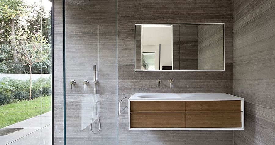 Floating vanity in wood with a white frame