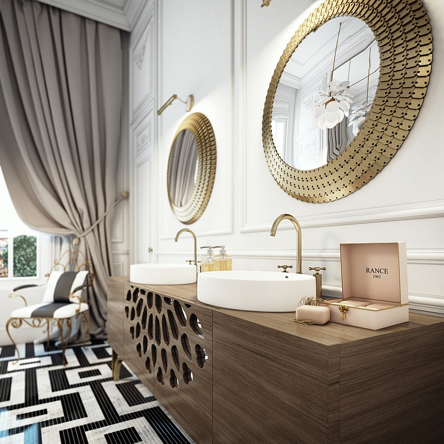 Floating vanity with twin sinks and mirrors with golden trims