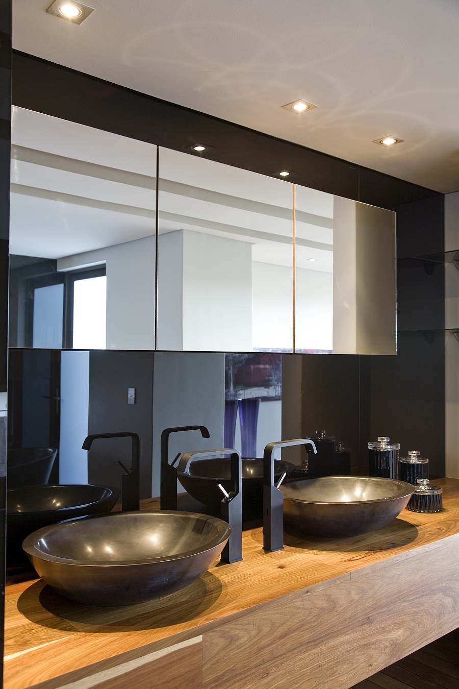 Floating vanity with twin sinks in the bathroom