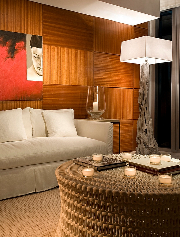 Floor lamp enhances the serene, organic appeal of the room
