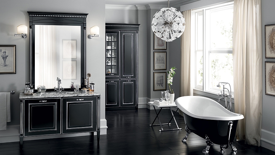 Freestanding tub in black and white steals the show here