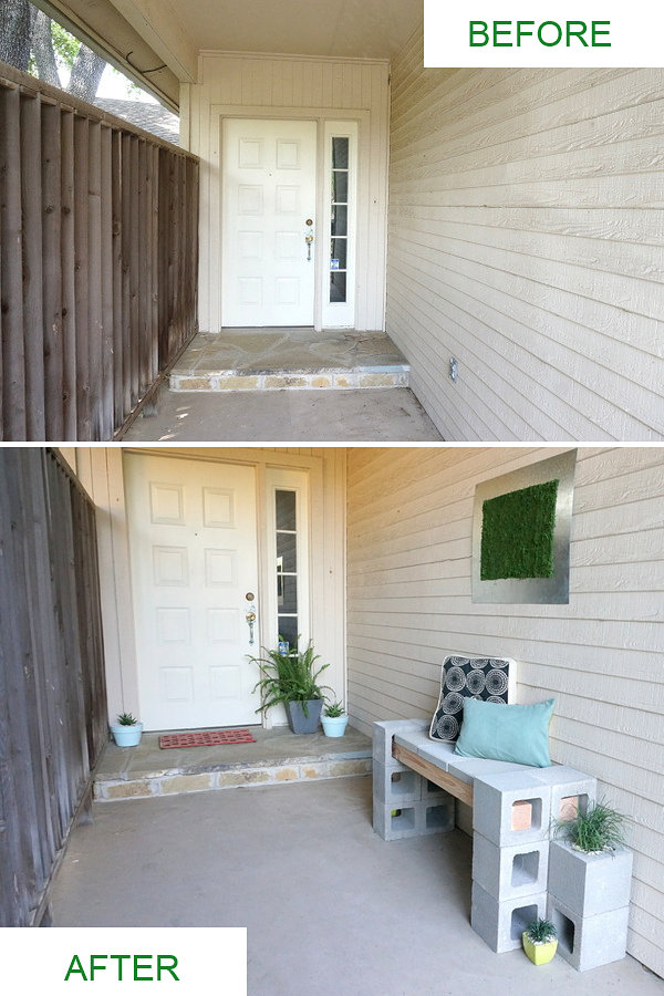 Trendy Front Porch DIY Makeover Featuring a Cinder Block Bench