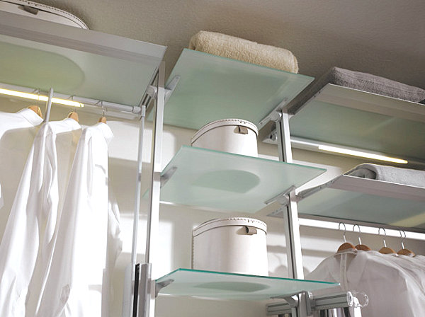 Frosted glass shelves in an organized closet