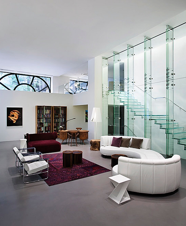 Glass partitions and staircase in the New York Living Room