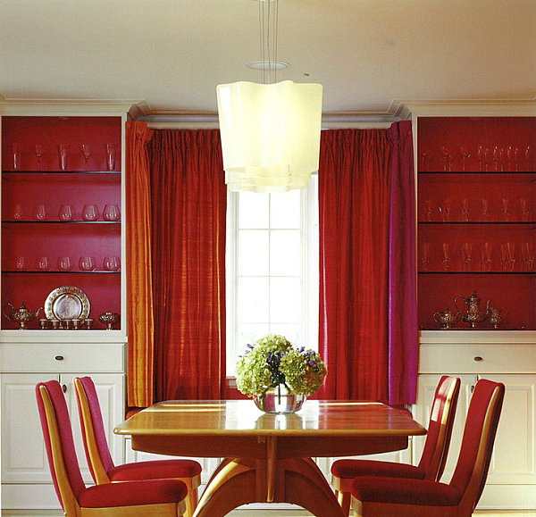 Glass shelves in a colorful dining room