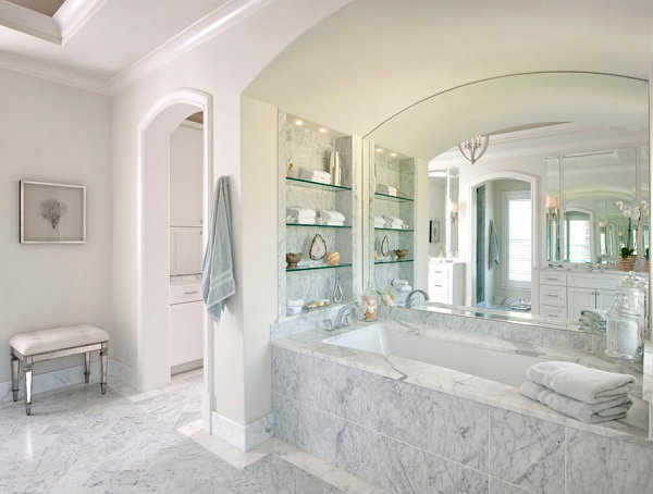 Glass shelves in a spa-style bathroom