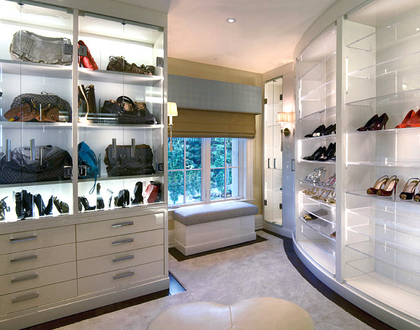 Glass shelving in a contemporary closet