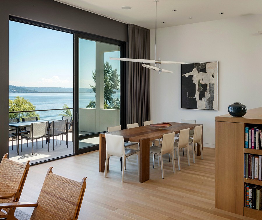 Interesting pendant light above the dining space