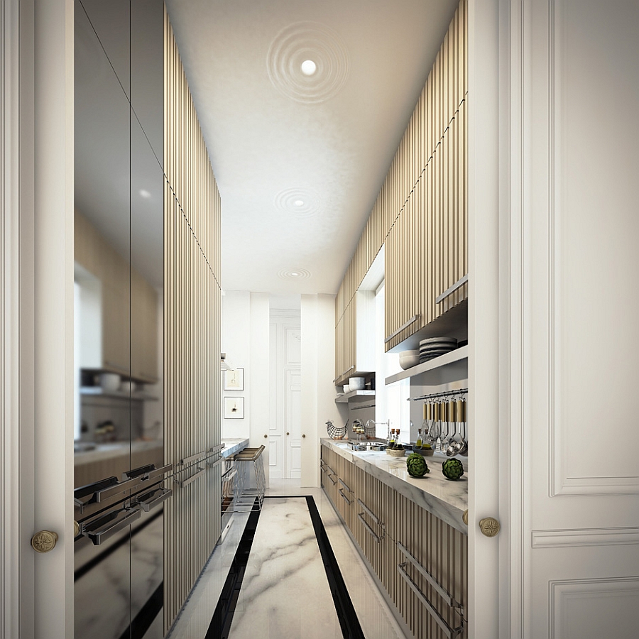 Long, narrow kitchen that is both stylish and ergonomic