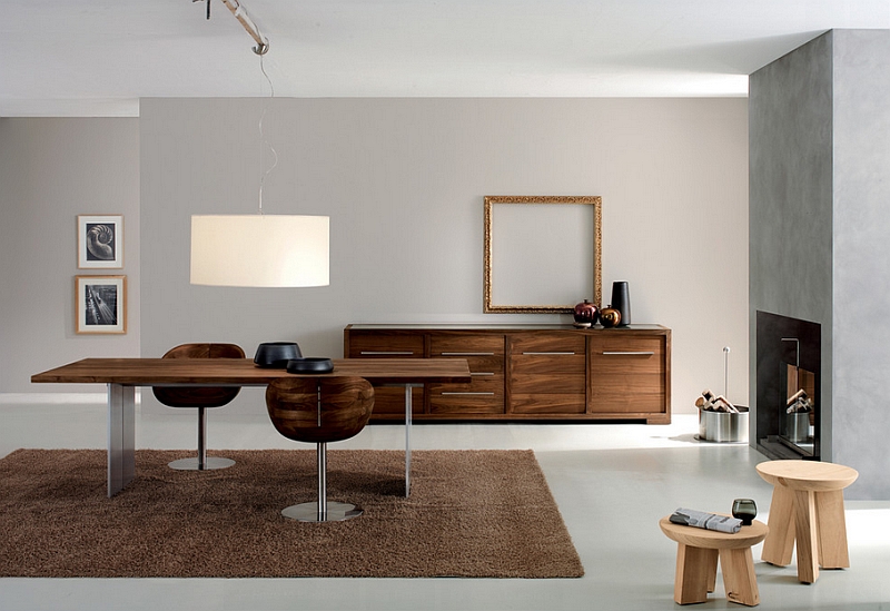 Lovely wooden tones combined with exposed concrete in this minimalist dining room