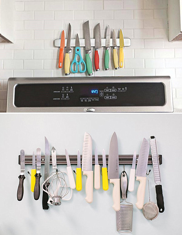 Magnetic strip filled with kitchen knives