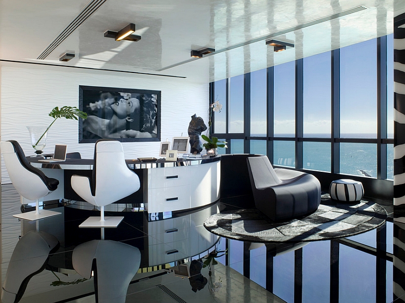 Mesmerizing living room and home office with ocean views in Miami