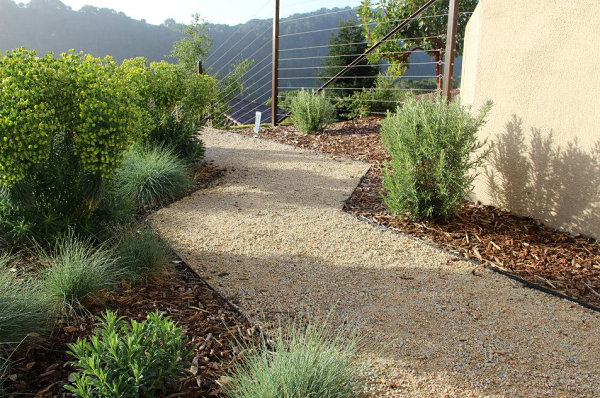 Modern landscaping creates an angular pathway